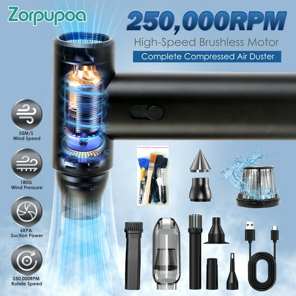 Zorpupoa 1 Set Compressed Air Duster 250000RPM Stepless Variable Speed 10000mAh Battery Cordless Dust Blower Vacuum Cleaner Portable Jet Dry Blower for PC Keyboard Car Home