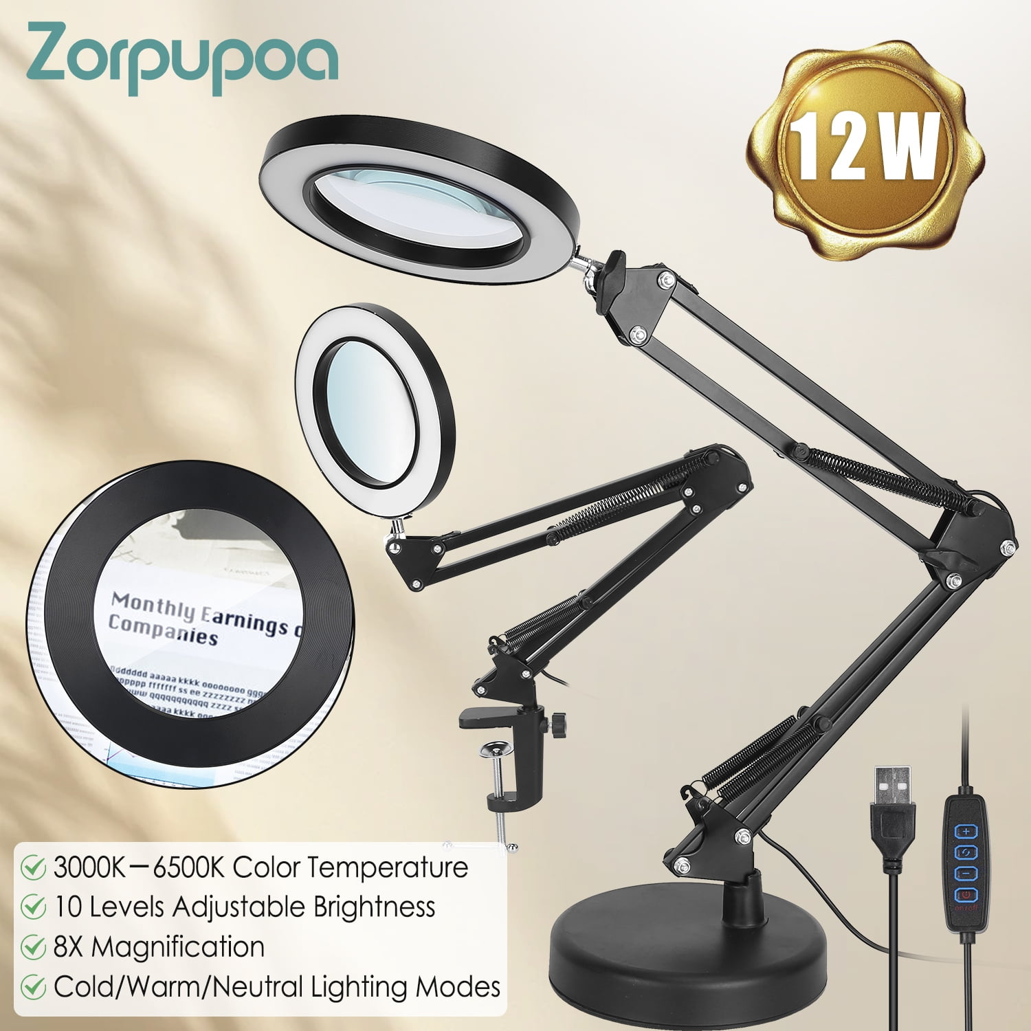 10X 20X Magnifying Glass With Light And Stand And Clamp, 2-in-1 Desk Magnifier For Reading With 3 Color Modes Lighted, Magnifying. Glass With Stand Adjustable Magnifiers With Light Hands Free