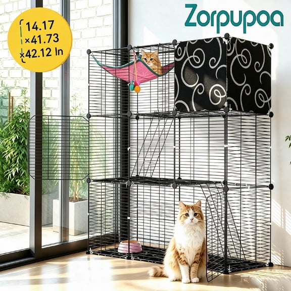 Zorpupoa 3-Tier Cat Cage Indoor Playpen, Cat Kennel Sturdy Iron Frame withCat Enclosure Hammock Ladder Cat Hammer Toy Balls