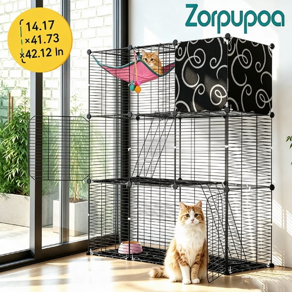 Zorpupoa 3-Tier Cat Cage Indoor Playpen, Cat Kennel Sturdy Iron Frame withCat Enclosure Hammock Ladder Cat Hammer Toy Balls
