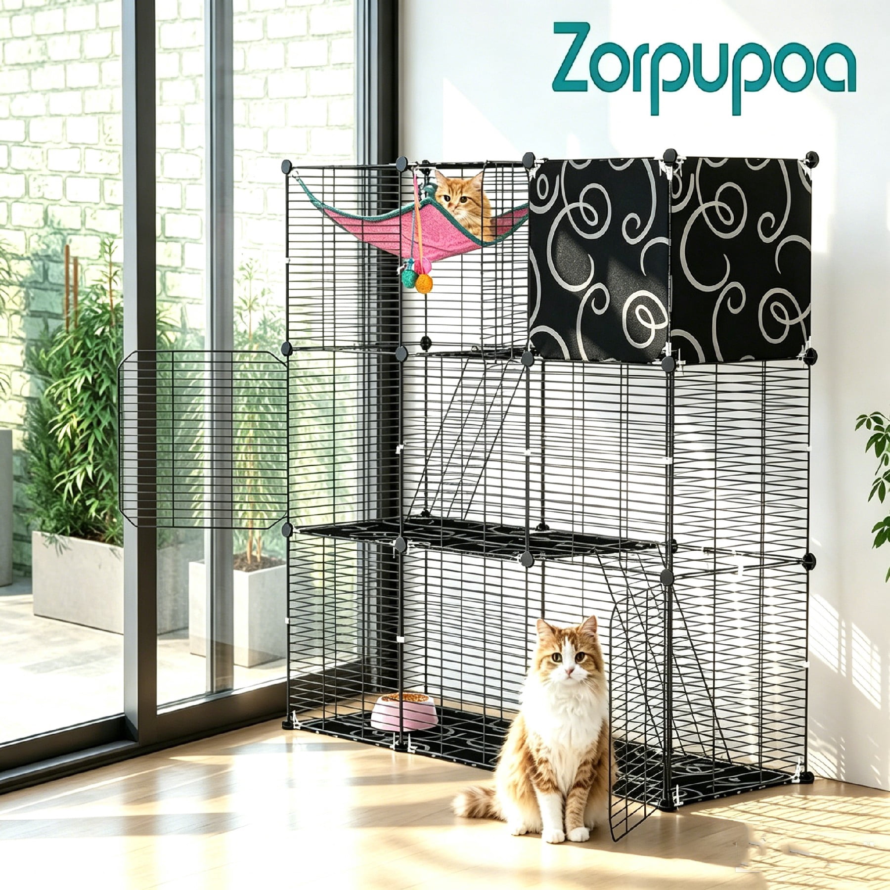 Zorpupoa 1Pc 3-Tier Cat Cage Indoor Playpen for American Shorthair 1-2 Cats Multi-Level Enclosure with Hammock Ladder Toy Balls Iron Kennel Ferrets Rabbits Small Pets 107x106x36cm/42.12x41.73x14.17in
