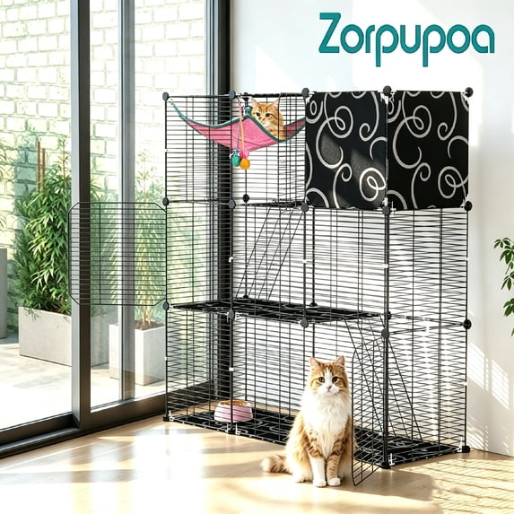 Zorpupoa 1Pc 3-Tier Cat Cage Indoor Playpen for American Shorthair 1-2 Cats Multi-Level Enclosure with Hammock Ladder Toy Balls Iron Kennel Ferrets Rabbits Small Pets 107x106x36cm/42.12x41.73x14.17in