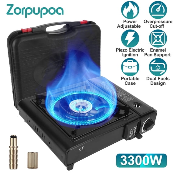 Zorpupoa 3300W Butane Dual Fuel Camping Stove, Piezo Ignition Auto Tank Ejection Overpressure Protection with Carry Case for Camping Hiking BBQ