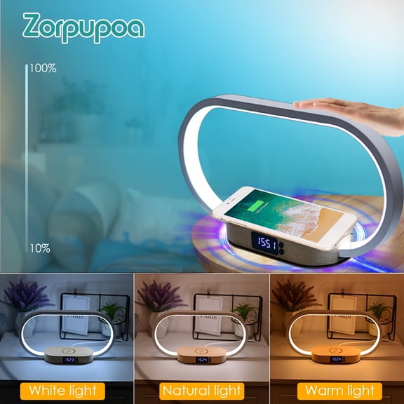 Zorpupoa 1Pc Bedside Table Lamp Touch Control with Clock Wireless Charging LED Night Lamp Dimmable Nightstand Reading Lamp