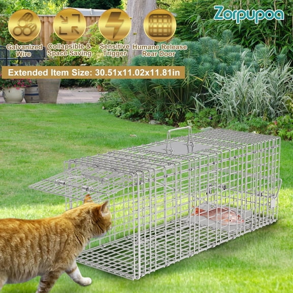 Zorpupoa 1Pc Humane Live Animal Trap, Collapsible Galvanized Wire Catch Release Cage for Stray Cats, Raccoons, Beavers, Groundhogs, Foxes