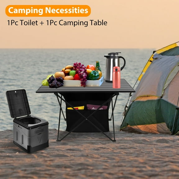 Zorpupoa 1Pc Foldable Camping Table with 1Pc Portable Toilet Rustproof Portable Aluminum Alloy Roll-Up Camping Table With Carrying Bag for Camping Hiking BBQ Picnic Fishing