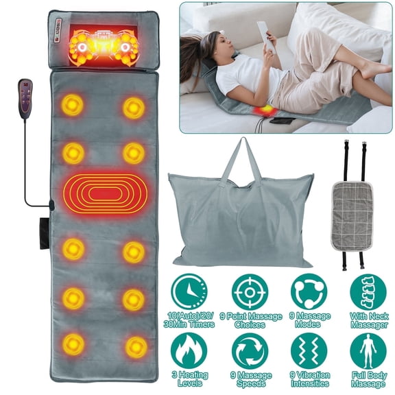 Zorpupoa 1Pc Full Body Massage Mat with Heat 10 Motors Full Body Vibration Pad for Neck Back Anti-Slip Timer Home/Office/Car Use