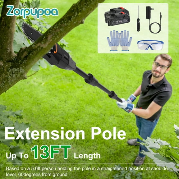 Zorpupoa 1Set 6Inch Cordless Pole Saw with 23.0Ah Batteries 7.4FT Extendable Electric Chainsaw for Tree Trimming 35FT/S Brushless Motor Charger Include Pruning Saw for High Branches Palm Trees Yard