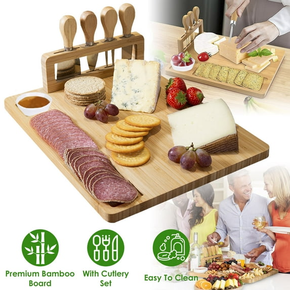 Zorpupoa 1Set Bamboo Cheese Board and Knife Set, 7-Piece Charcuterie Serving Tray Platter for House Warming Party