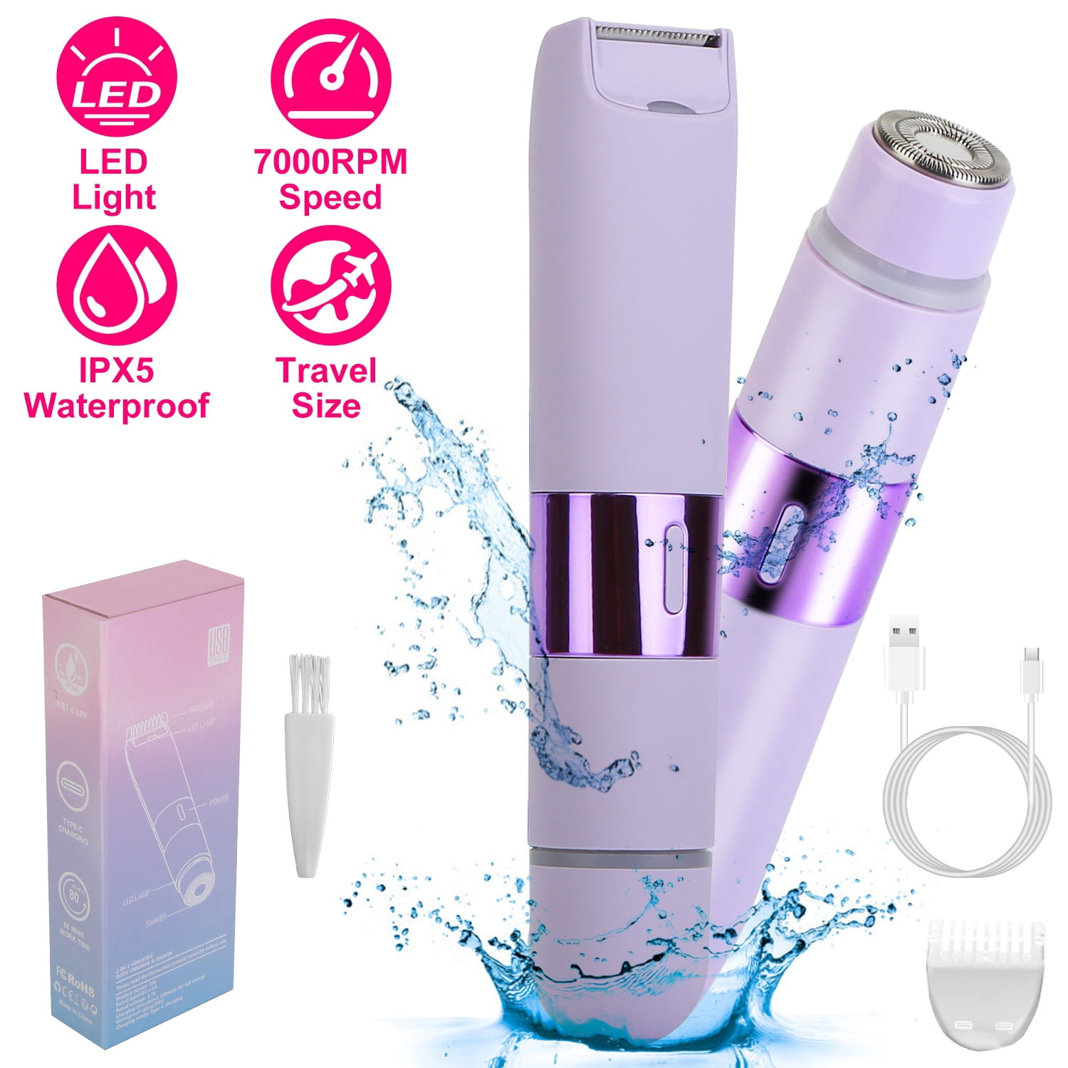 Zorpupoa  2 In 1 Hair Trimmer for Bikini Women Dual Head Cordless Body Hair Shaver IPX5 Waterproof Rechargeable Hair Razor Wet Dry Use for Bikini Underarm Leg Arm Body Face Purple