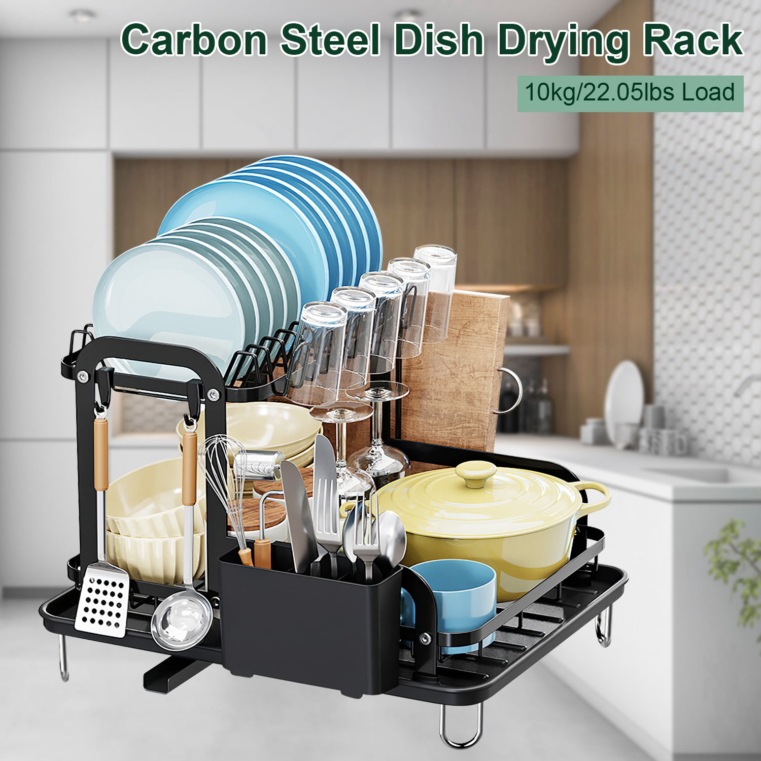 Zorpupoa 2 Tier Dish Drying Rack Carbon Steel Dish Rack for Kitchen Counter Dish Drainer with Cutlery Holder Kitchen Organizer for Dishes Spoons Forks, Black