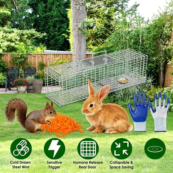 Zorpupoa 27 In Folding Steel Live Animal Trap Cage Humane Catch and Release Sensitive Trigger for Stray Cats Raccoons Rabbits in Backyard Garden Farm