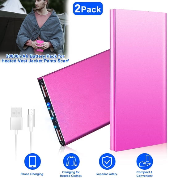 Zorpupoa 2Pack 20000mAh Heated Vest Power Bank, 5V/2.1A USB Battery Pack for Heated Vest Jacket Pants Scarf, Hot Pink