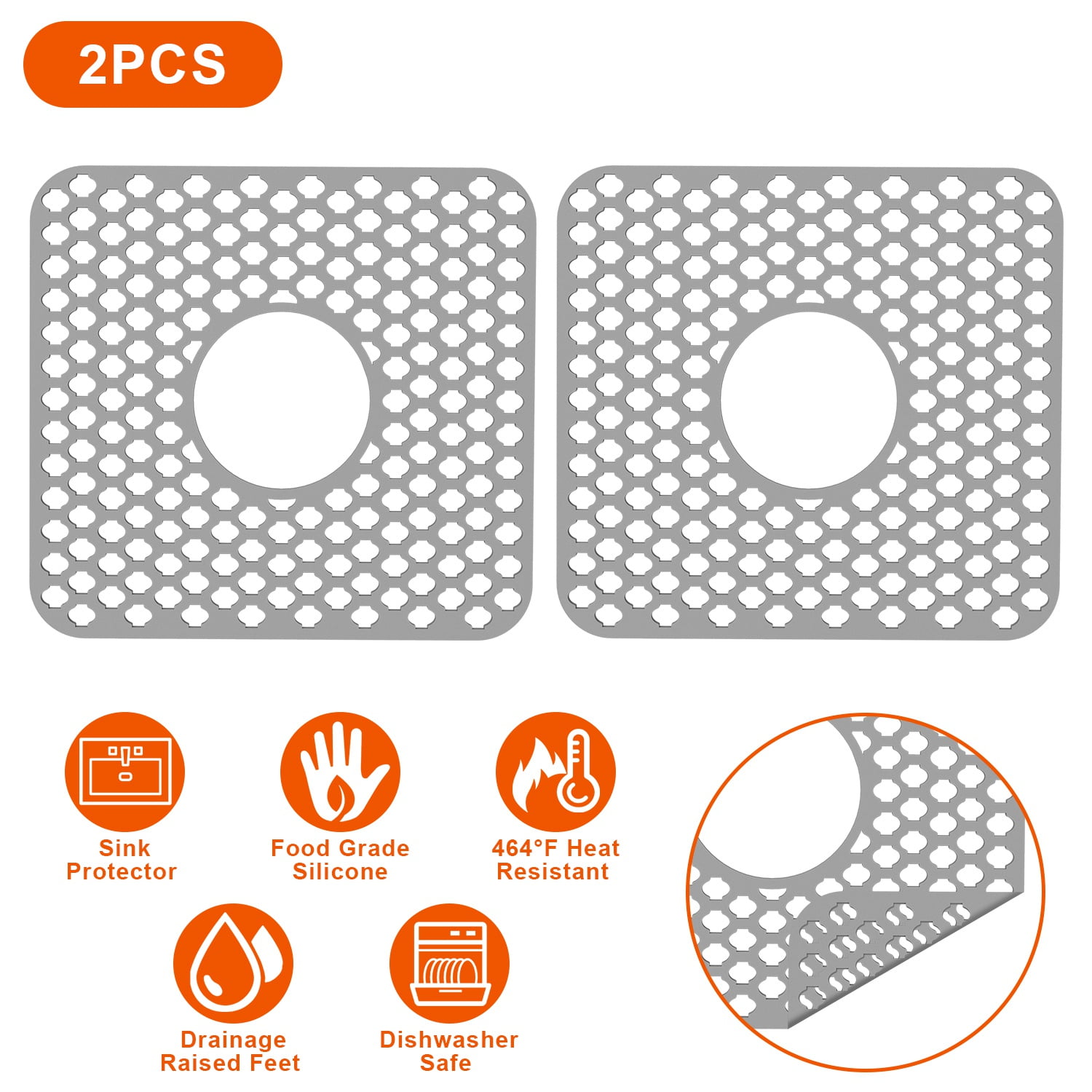 Zorpupoa 2Pcs Kitchen Sink Protector, 11.61x13.58" Silicone Sink Mat with Central Drain Hole Non-Slip Dishwasher Safe, Grey