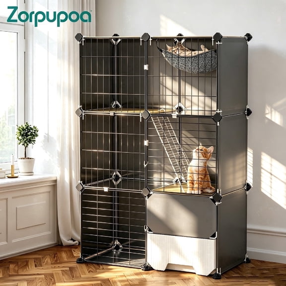 Zorpupoa 3 Tier Detachable Indoor Cat Cage with Litter Box Hammock Metal Wire Cat Kennel Cat House Cat Enclosure with Ladder