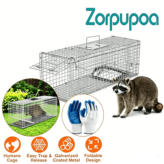 Zorpupoa 37Inch Humane Live Animal Trap Cage Heavy Duty Folding Catch & Release Solid Steel Construction for Garden Yard Outdoor