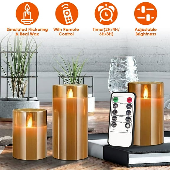 Zorpupoa 3Packs Electric Flameless Candles with Remote, Battery Operated Real Wax LED Candle Warm White 2H/4H/6H/8H Timer for Wedding Dinner Christmas