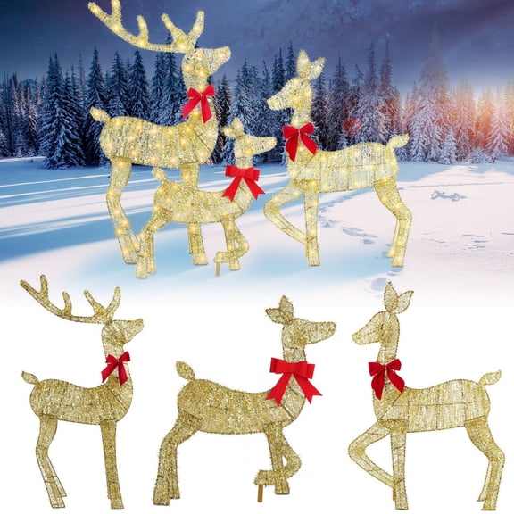 Zorpupoa 3Pcs 2D Lighted Christmas Reindeer Family Set, Lighted Buck Doe Fawn Display with 8 Lighting Modes for Indoor Outdoor, Gold