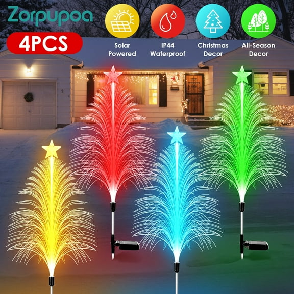 Zorpupoa 4Pc Christmas Tree Solar Lights Outdoor 7 Color Changing Optical Fiber Stake Lights Cedar Tree Lights with Topper for Winter Snow Garden Decoration