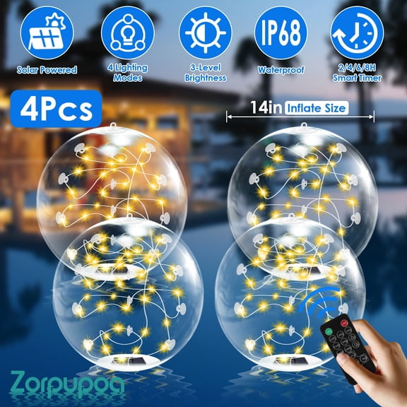Zorpupoa 4Pc Floating Pool Lights 14in Solar Powered Pool Balls IP68 Waterproof Inflatable Pool Decoration Lights with Remote Control 3 Light Modes Timer Adjustable Brightness