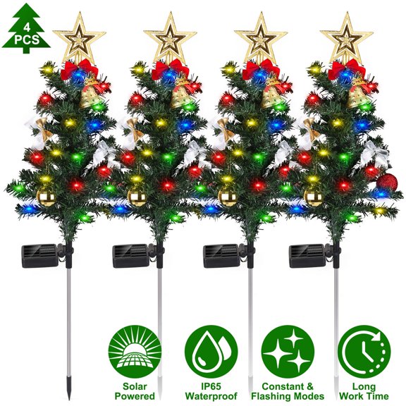 Zorpupoa 4Pcs Solar Christmas Tree Lights Outdoor Waterproof 20-LEDs Solar Decorative Light with Constant Flashing Mode for Landscape Yard Patio 29.53in Tall