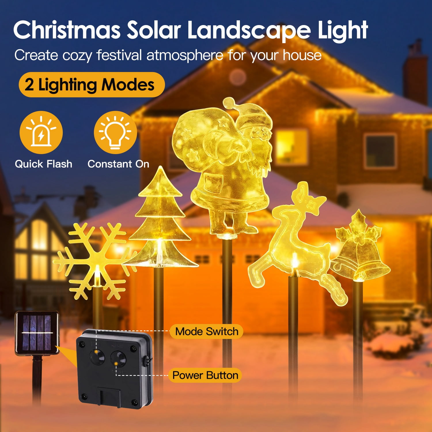 Zorpupoa 5Pcs Solar LED Mixed Decoration Lights for Christmas Waterproof  Reindeer Snowflake Bell Christmas Tree Santa Claus Warm Yellow, image size:1500x1500