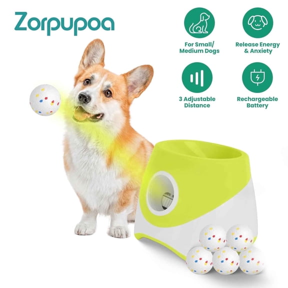 Zorpupoa Rechargeable Automatic Dog Ball Launcher, Interactive Fetch Toy with 3 Adjustable Distances, for Small & Medium Dogs, Includes 6 Pcs 2.3in Balls