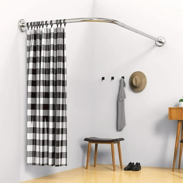 Zorpupoa Curved Shower Curtain Rod, Adjustable Stainless Steel L Shaped Stretchable Shower Rod for Bathroom Tub Closet Corner, Silver