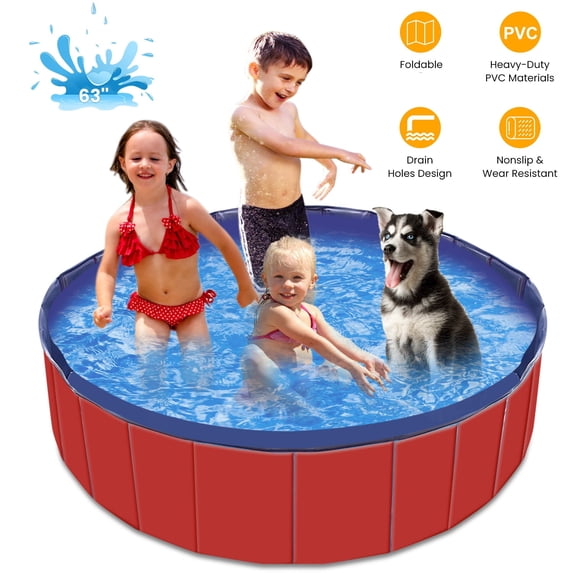 Zorpupoa Foldable Dog Pool, 63in Heavy-Duty PVC Kids Swimming Pool for Kids Dogs Cats, Red