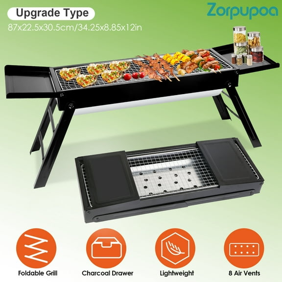 Zorpupoa Foldable Stainless Steel Charcoal BBQ Grill Easy Setup Portable Tabletop Barbecue Grill for Camping Picnic Outdoor Party Backyard Upgrade Type