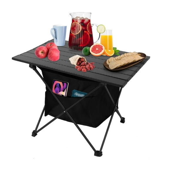 Zorpupoa Folding Camping Table, Portable Rustproof Aluminum Alloy Roll up Camping Table with Storage Basket, 15.94x18.11x15.94in (Black)