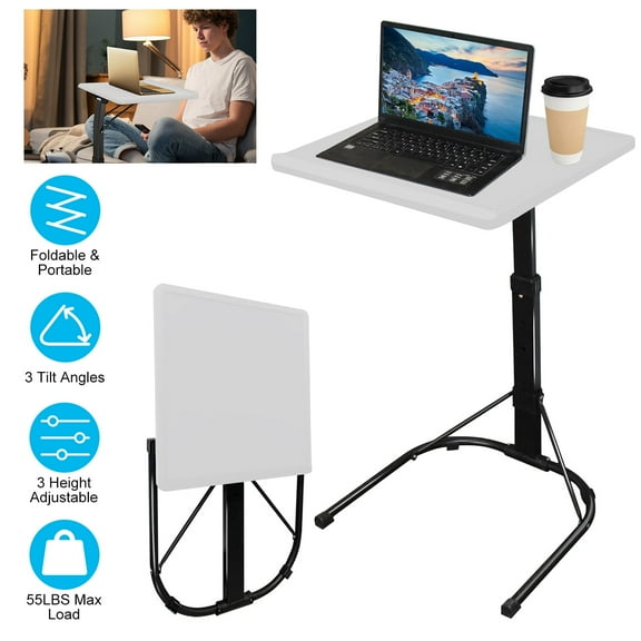 Zorpupoa Folding TV Tray Table, Portable Laptop Desk C Side Table with 3 Adjustable Heights 3 Angles 55lbs Load for Home Office, White