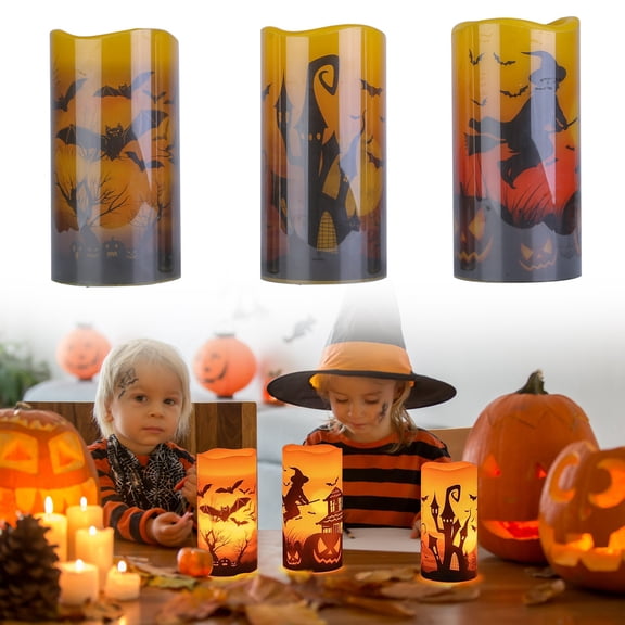 Zorpupoa Halloween Decoration Flameless Candle, 3Pack Witch Bat Castle Pattern Battery Operated Halloween Candles with 6 Hours Smart Timer Setting, 2700K Warm White LED Light