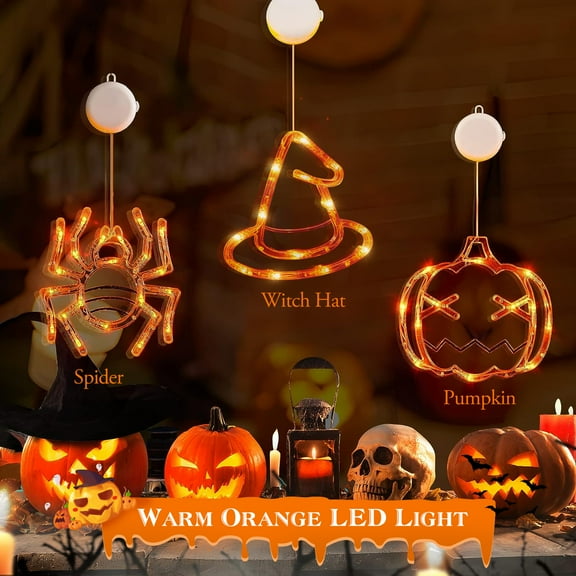 Zorpupoa Halloween Window Decorations Light, 3Pack Spider Witch Hat Pumpkin Halloween Window Lights with Suction Cup Hanging Holes, White