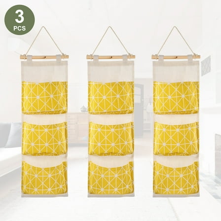 Zorpupoa Hanging Storage Organizer Bag - Waterproof Linen Cotton Door/Wall Organizer for Bathroom Closet Space Saving 3Pc Yellow