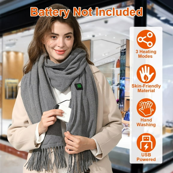 Zorpupoa Heated Scarf for Men Women, USB Unisex Heated Shawl with 3 Heating Modes for Winter Outdoor, Grey