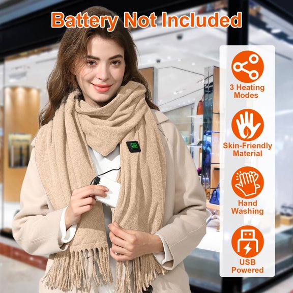 Zorpupoa Heated Scarf for Men Women, USB Unisex Heated Shawl with 3 Heating Modes for Winter Outdoor, Khaki