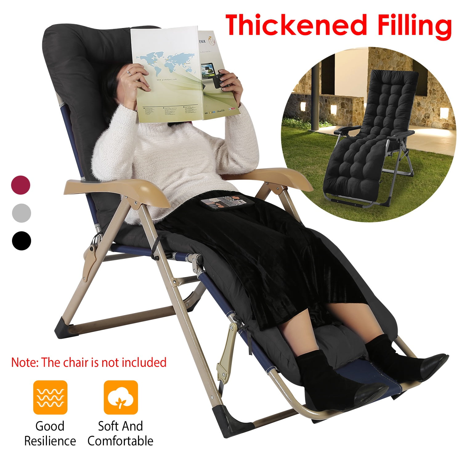 Zorpupoa Indoor Outdoor Lounge Chair Cushion, 71x22x4" Plus Thickened Rocking Chair Cushion, Black