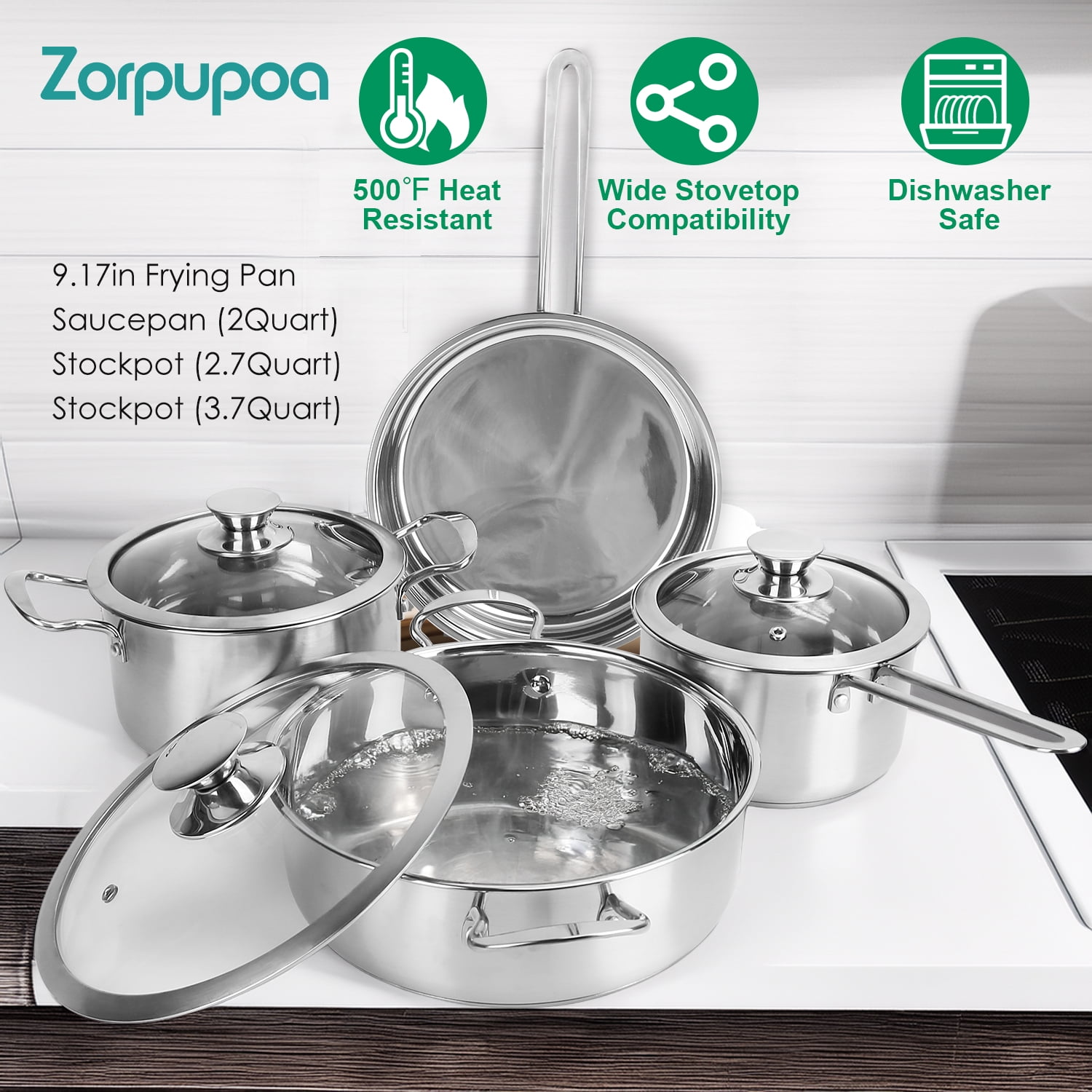 Zorpupoa 6Pc/Set Kitchen Pots and Pans Set, Stainless Steel Cookware Set 500°F Heat Resistant with 2.7/3.7 Quart Stockpot 2 Quart Saucepan 9.17in Frying Pan, Silver