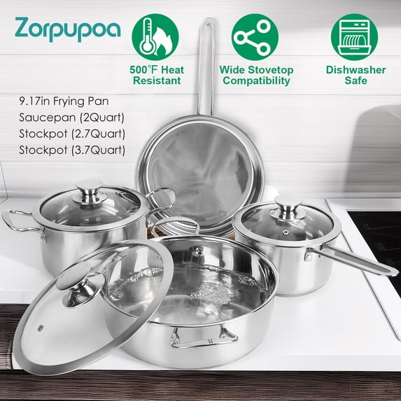 Zorpupoa 6Pc/Set Kitchen Pots and Pans Set, Stainless Steel Cookware Set 500°F Heat Resistant with 2.7/3.7 Quart Stockpot 2 Quart Saucepan 9.17in Frying Pan, Silver