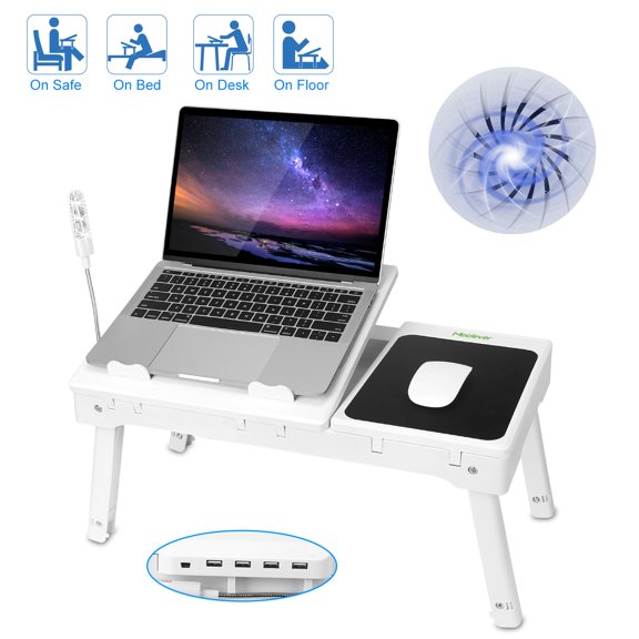 Zorpupoa Laptop Desk for Bed, Foldable Laptop Table with Internal Cooling Fan LED Light 4 USB Ports Adjustable Height for Home Office Use, White
