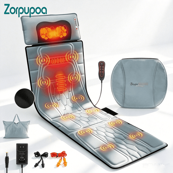 Zorpupoa Multifunctional Full Body Massage Mat with Heat Timer Shiatsu Neck Massager Anti-Slip Bottom Carry Bag Earplugs for Home Office Recliner