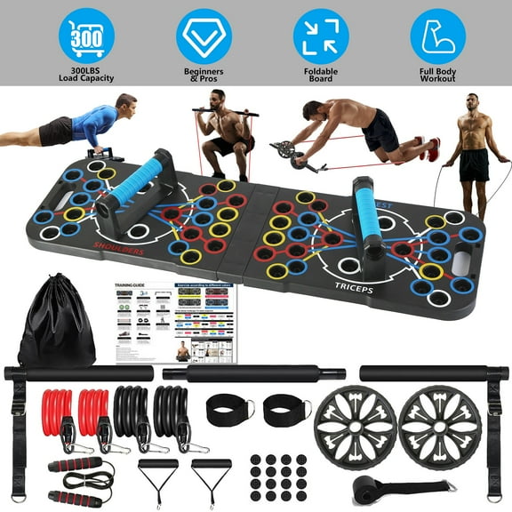 Zorpupoa Multifunctional Push Up Board Home Exercise Equipment with 15 Fitness Accessories Pilates Bar Resistance Band Roller Wheel Home Gym Equipment, Black