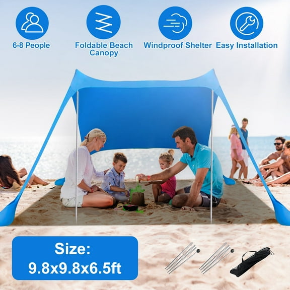 Zorpupoa Portable Beach Canopy Tent, 9.8x9.8x6.5ft Foldable Rectangle Shade Sail Sun Protection Windproof Shelter with 4 Sandbag 2 Pole for Outdoor Beach Patio, Blue