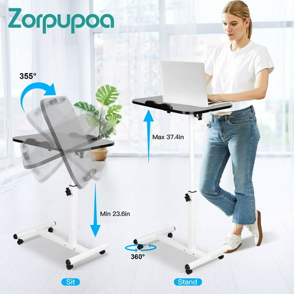 Zorpupoa Iron Portable Rolling Laptop Table, Overbed Table with Wheels, Adjustable Height Tilting Angle, Black