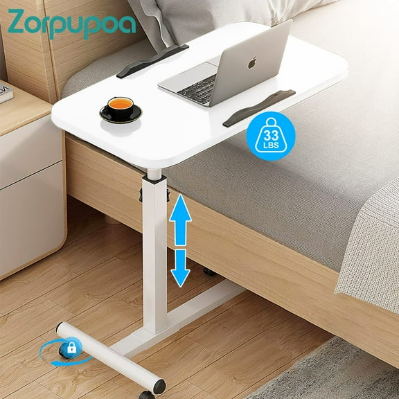 Zorpupoa Iron Portable Rolling Laptop Table, Overbed Lap Desks with Wheels, Adjustable Height Tilting Angle, White