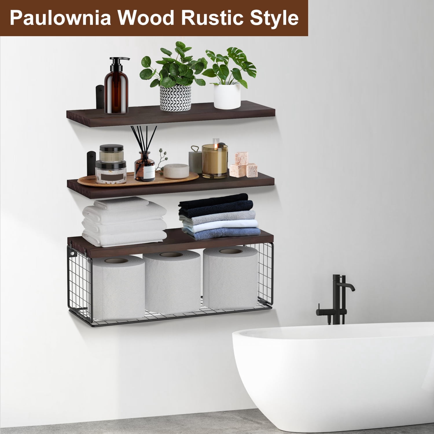 Zorpupoa Rustic Floating Shelves, Wall Mounted Wooden Bathroom Floating Shelves Over Toilet Shelves with Storage Basket for Living Room Kitchen Office, Brown