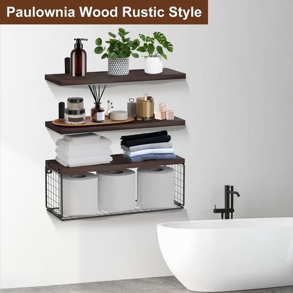 Zorpupoa Rustic Floating Shelves, Wall Mounted Wooden Bathroom Floating Shelves Over Toilet Shelves with Storage Basket for Living Room Kitchen Office, Brown