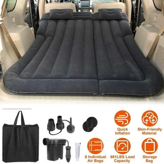 Zorpupoa Thickened Inflatable Car Bed, PVC Flocked Inflatable SUV Air Mattress with Pillow Air Pump for Home Car Travel Camping, Black