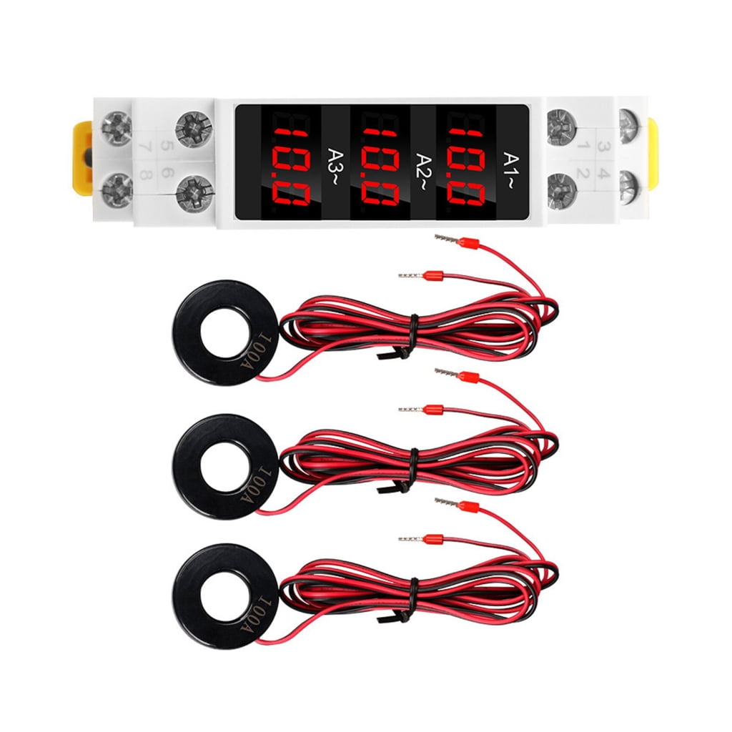 Zorvai Din Rail Mount 3 Phase Ampere Meter Modular Current Meter Gauges Indicator Digital Display AC80V~500V 1~100A